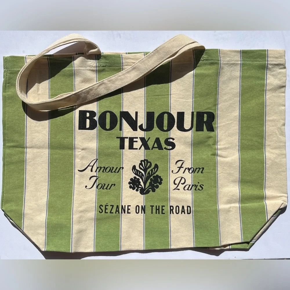 NWOT - Sézane Bonjour Texas Canvas Tote Bag Green Stripes - Picture 2 of 13